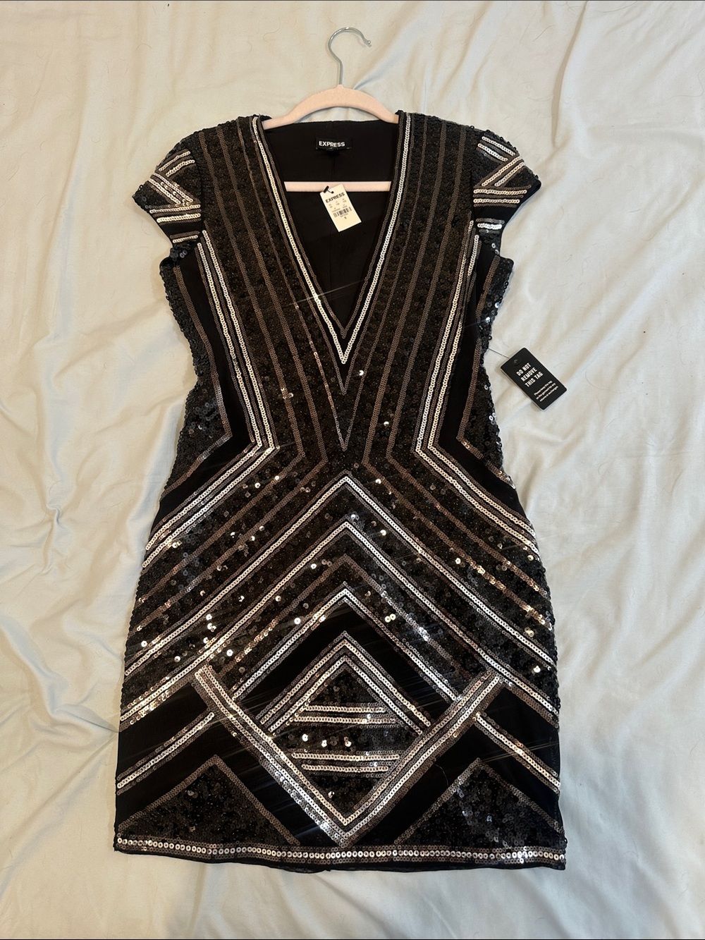 Express Black Sequin V-Neck Mini Dress with Silver Accents